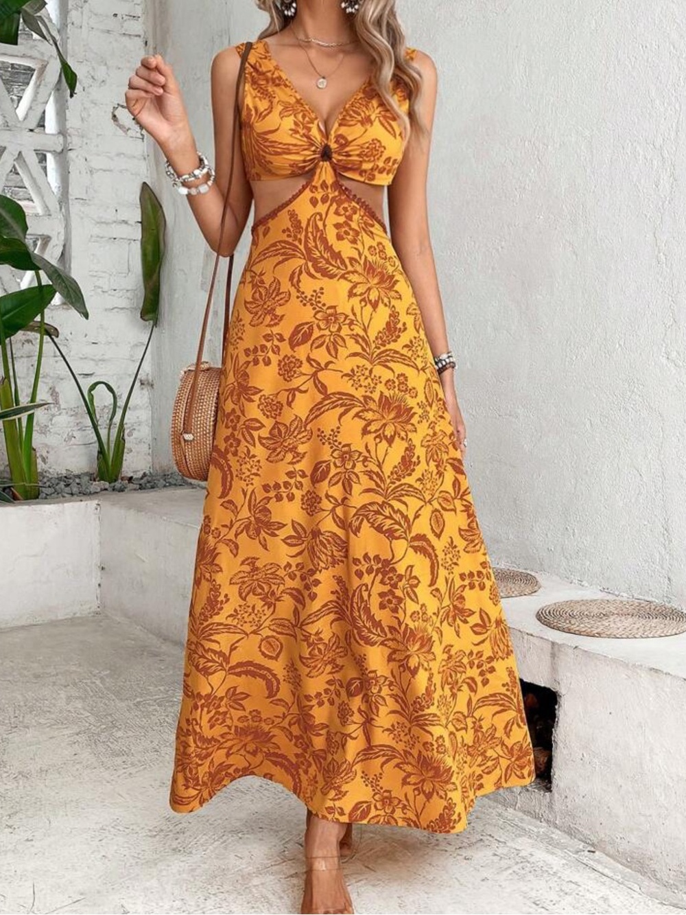 SHEIN Breezaya Plants Print Cut Out Waist Maxi Dress